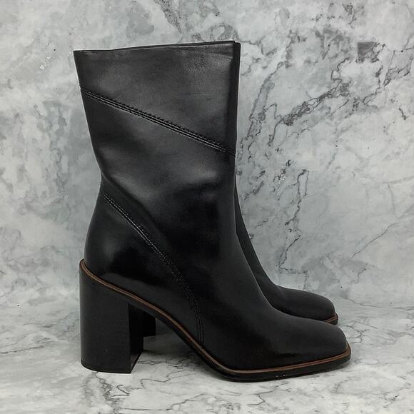 Franco Sarto 10M Black Leather Stevie Mid Calf Boot Square Toe Block Heel M29-14 - Picture 3 of 10